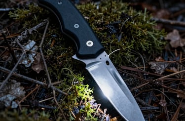 Fixed blade tactical survival knife with a black handle resting on a mossy forest floor.