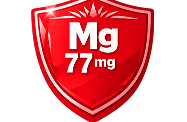 Red glossy shield icon showing Mg 77mg representing a magnesium mineral supplement dosage.