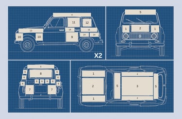 a blueprinted image of a car with sections for customers to see where can their logo be