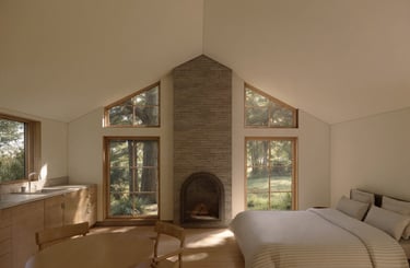 Modern minimalist studio with a stone fireplace, vaulted ceiling, and forest view windows.