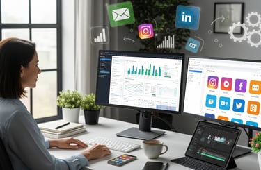Woman at a modern desk with multiple monitors displaying marketing dashboards and tools.