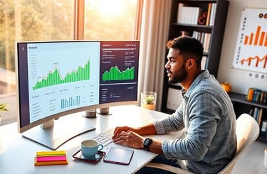An entrepreneur works at a modern desk with a curved monitor displaying colorful analytics