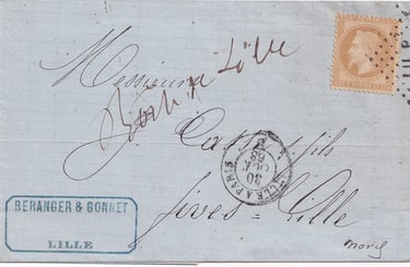 Letter franked at 10 c (rate of 01/01/1863) placed in the mobile box at LILLE station