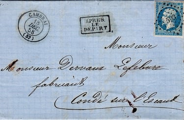 Letter mailed in CAMBRAI on December 18, 1858 after the last collection of the post office.