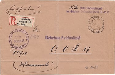 Free military registered letter posted at Feldpoststation no. 45 in VALENCIENNES. 