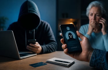Homem encapuzado usando notebook enquanto uma idosa aparece preocupada ao telefone em cena que repre
