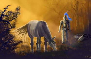 knight_in_the_sunset_ready_to_rest_for_the_night_with_horse