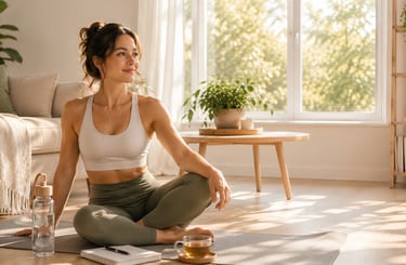 A woman in yoga wear sitting on a mat in a sunny living room practicing mindfulness and home wellness.