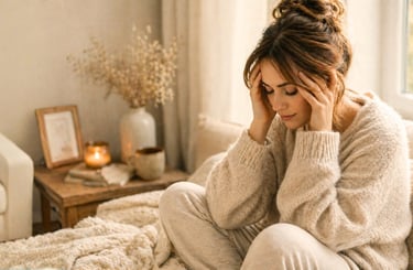 Woman sitting at home feeling stressed and overwhelmed, holding her head — representing fight