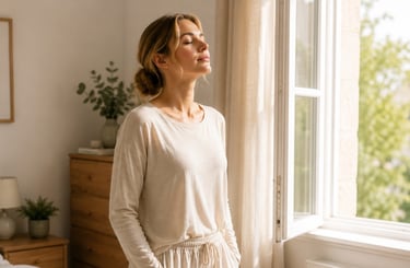 Woman taking a deep breath by an open window during a calm morning routine to help reduce stress.