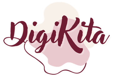 DigiKita brand logo featuring maroon cursive typography over pink and white abstract shapes on a black background.