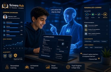 Student using an AI learning assistant with a personalized learning dashboard and AI tutor