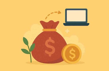 Pengarkasse med dollartecken som pekar mot en dator