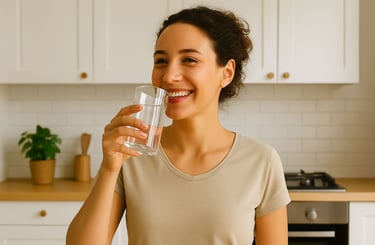 Mulher sorridente tomando água na cozinha — hábitos saudáveis e bem-estar em casa