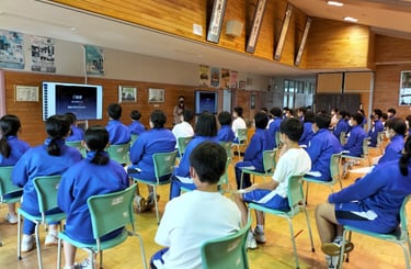 Student in hall watching a presentation.