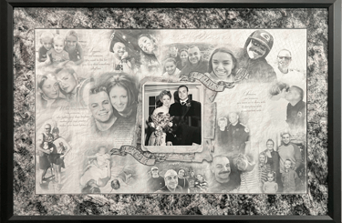 Custom framed photo collage featuring anniversary gift family portraits and wedding photography.
