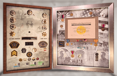 Police and military shadow box displays featuring badges, medals, patches, and service certificates.