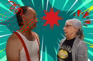 Hank & Stella in a comic book style layout with colorful action graphics and speech bursts.