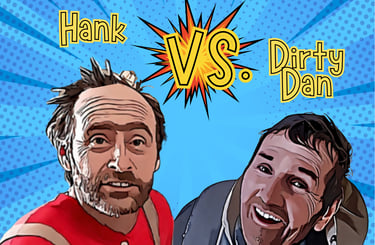 Comic style illustration showing Hank vs. Dirty Dan in a versus battle on a blue pop art background.