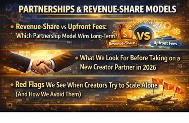 Comparison of revenue-share vs upfront fee partnership models for creators with business growth red flags.