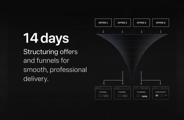 A marketing funnel diagram showing 14 days to structure offers and funnels for professional delivery.