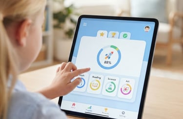 Clean software interface showing child progress tracker on a tablet screen, modern dashboard layout, bright high-key lighting, soft blue tones
