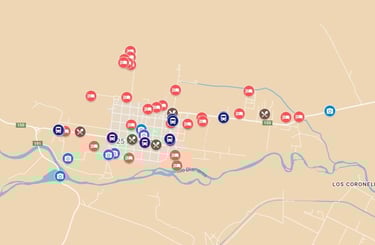 Mapa completo de Villa 25 de Mayo, con atractivos, hoteles, actividades y paradas de colectivo