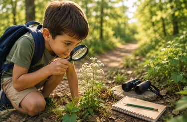 A boy look at a flower through a magnify glass.