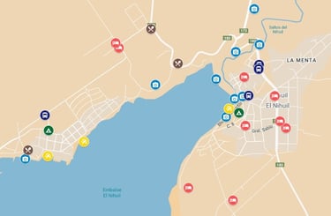 Mapa completo de El Nihuil, con atractivos, hoteles, actividades y paradas de colectivo