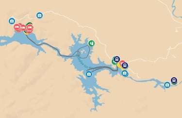 Mapa completo de Los Reyunos, con atractivos, hoteles, actividades y paradas de colectivo