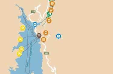 Mapa completo de Valle Grande, con atractivos, hoteles, actividades y paradas de colectivo