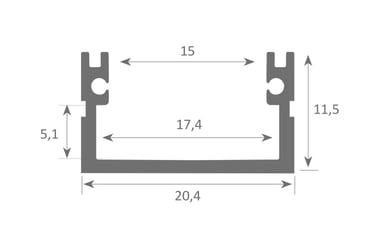 Esquema técnico Perfil SIRIUS: dimensiones 20,4x11,5mm y canal interno.