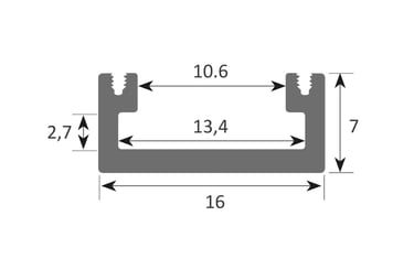 Plano técnico Perfil IZAR: dimensiones 16x7mm y canal interno de 13,4mm.