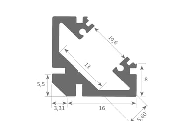 Esquema técnico Perfil LYRA: perfil angular de 16x16 mm para instalaciones.