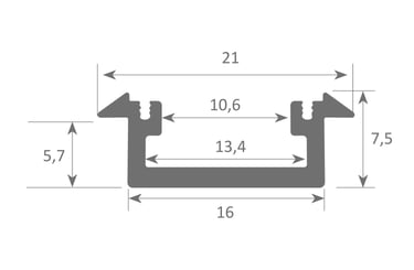 Esquema técnico Perfil VEGA: perfil empotrable de 7,5 mm y base plana.