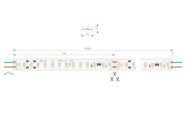 Esquema técnico 230V: dimensiones de 12x4 mm y hasta 100 metros de longitud.