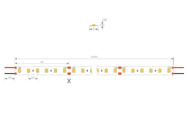 Perfiled | Esquema técnico Tira LED 24V: corte cada 50 mm y ancho de PCB de 8 mm.