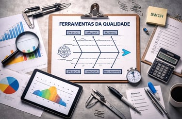 principais ferramentas da qualidade como diagrama de ishikawa gráficos e análise de processos