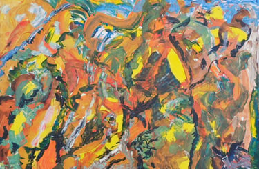 Riot of Spring — fluid blue organic forms on amber ground, large abstract acrylic, by Zanda