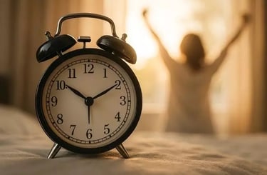 Relógio despertador em primeiro plano com mulher esticando os braços ao fundo, simbolizando o início de uma rotina produtiva 