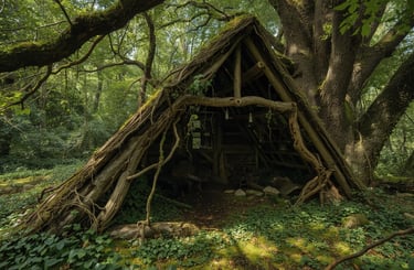 a lean-to shelter in the woods