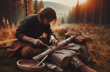 a man in the wilderness making a wooden spear