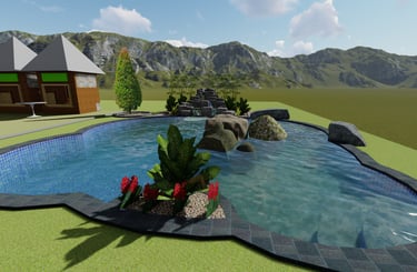 desain 3D kolam renang dengan finishing batu alam.