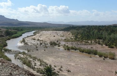 Oued Draa river valley near M’hamid, southern Morocco, showing arid landscape and oasis remnants
