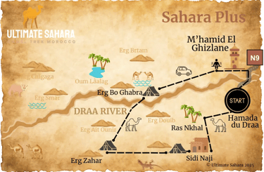 Map showing dunes and other locations visited on the Sahara Plus camel trek