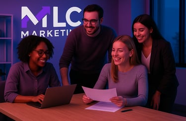 a group of people standing around a table with a laptop