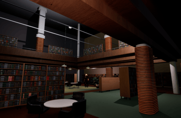 Coded Black gameplay screenshot showing a library with a burning figure in the background