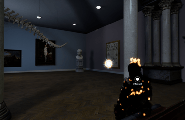 Coded Black gameplay screenshot showing a museum exhibition with a dinosaur, and a burning figure with an interact option.