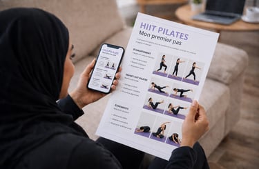 Femme consultant un programme sportif format PDF et smartphone à domicile, avec exercices détaillés