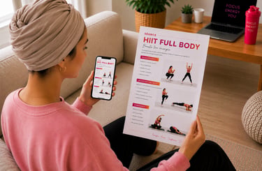 Femme consultant un programme sportif format PDF et smartphone à domicile, avec exercices détaillés
